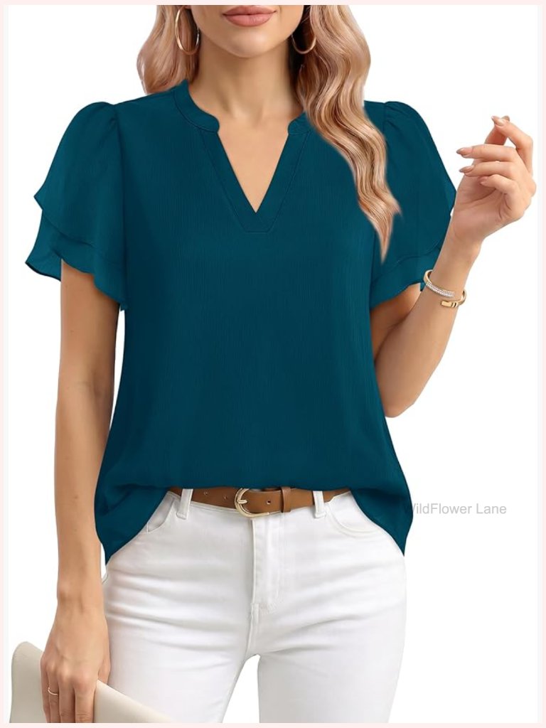Dressy Chiffon Blouse With Petal Sleeves V-Neck Work Top